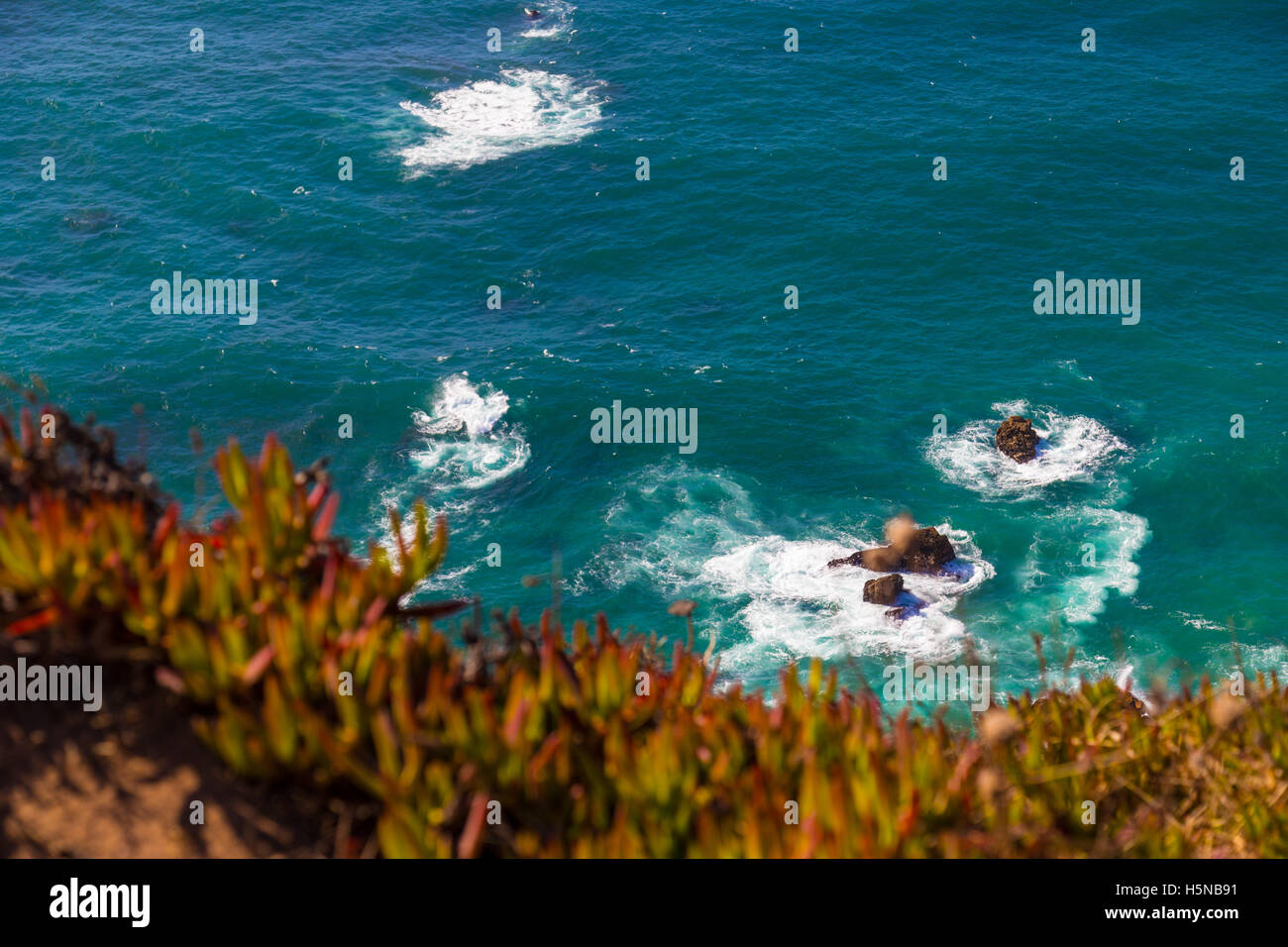 Watersplashes from waves crushing over rocks in the ocean from above Stock Photo