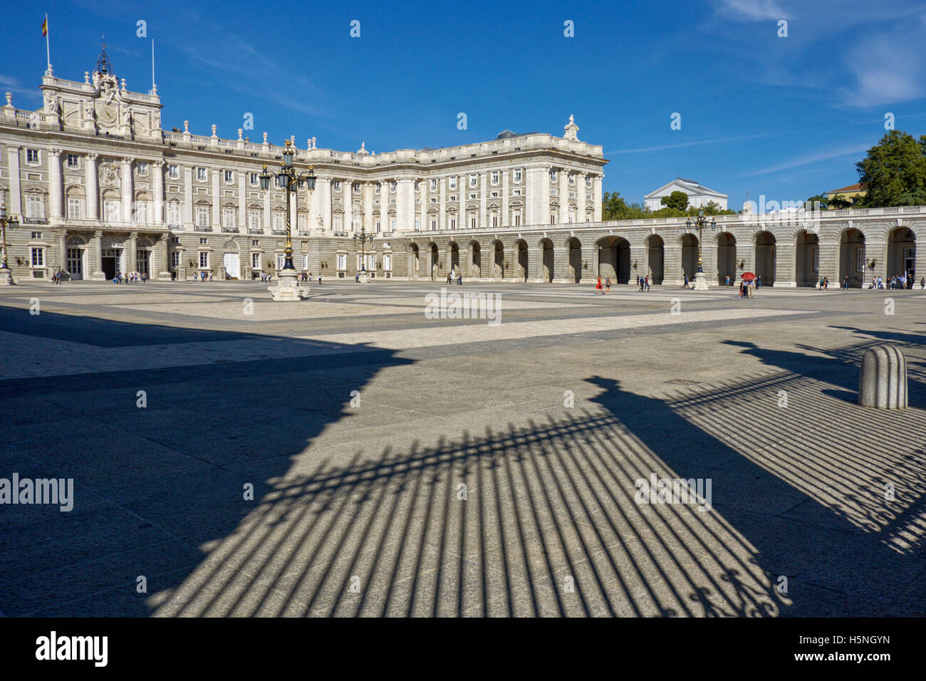 View of the southern facade of Royal Palace of Madrid from Armeria Square. Madrid. Spain. Stock Photo
