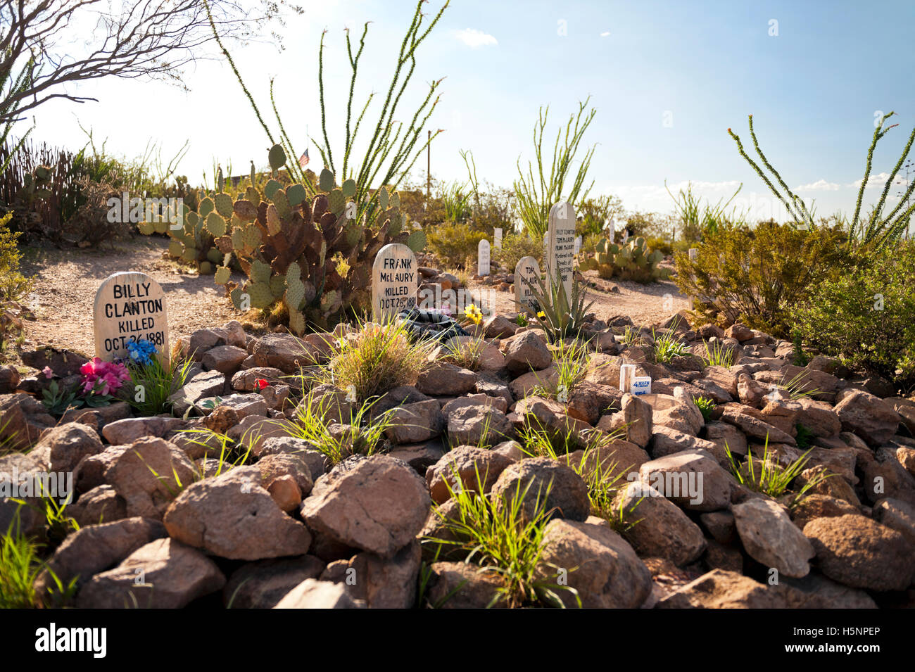 Tombstone Arizona, The grave site of Billy Clanton and the McLaury Brothers. Gunned down by Wyatt Earp at the OK Corral. Stock Photo