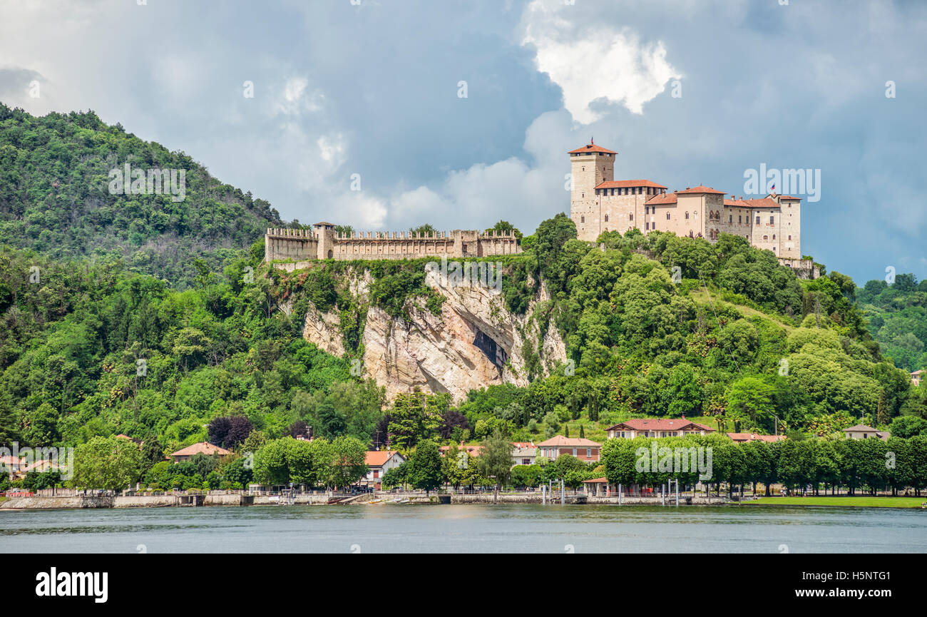 View at Angera and Rocca di Angera at Lago Maggiore seen from the seaside, Varese, Italy Stock Photo