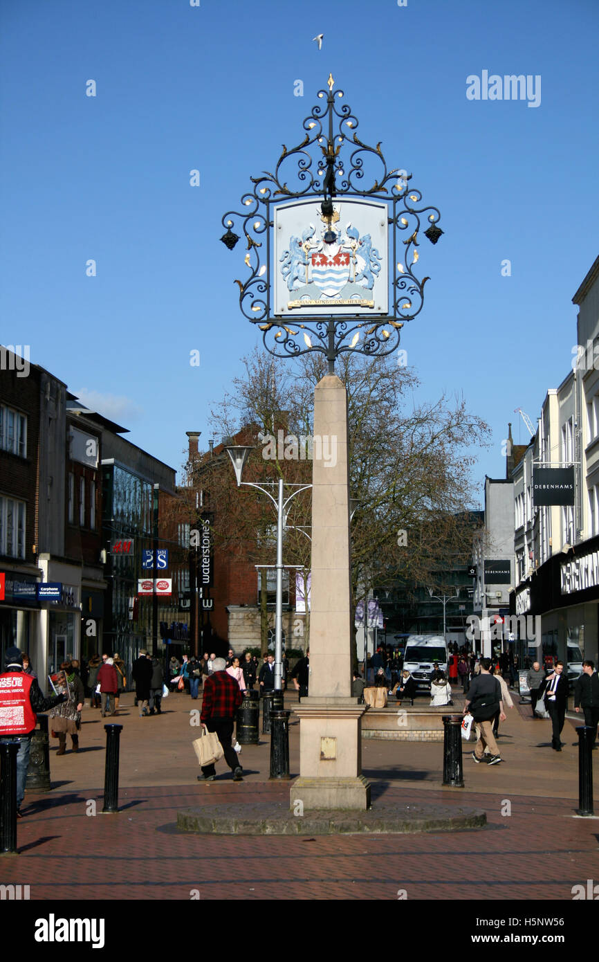 Chelmsford City crest, pedestrian shopping precinct, High Street, Chelmsford, Essex, England Stock Photo