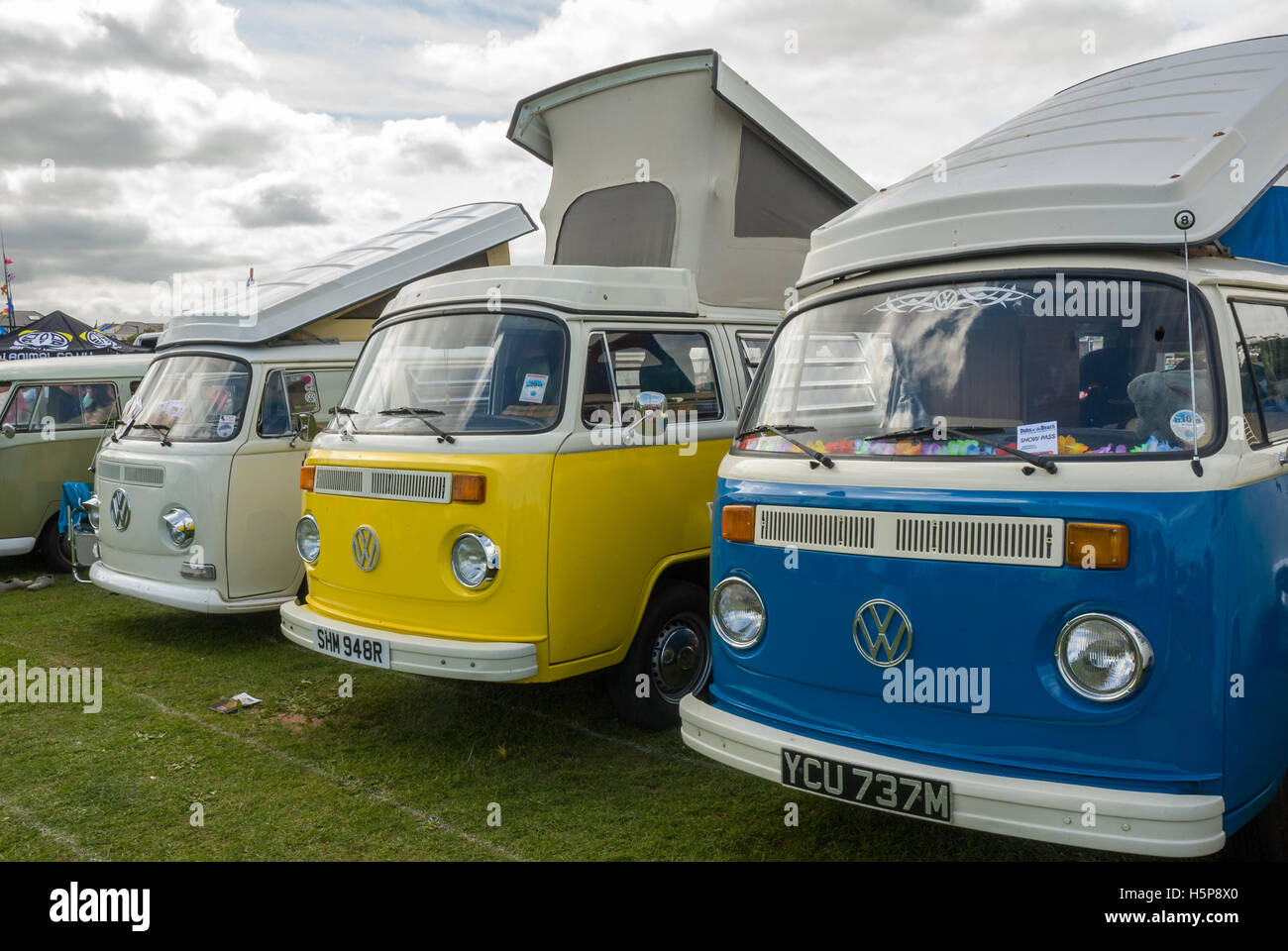 A line of VW camper vans on show at Paignton Green with other vehicles ...