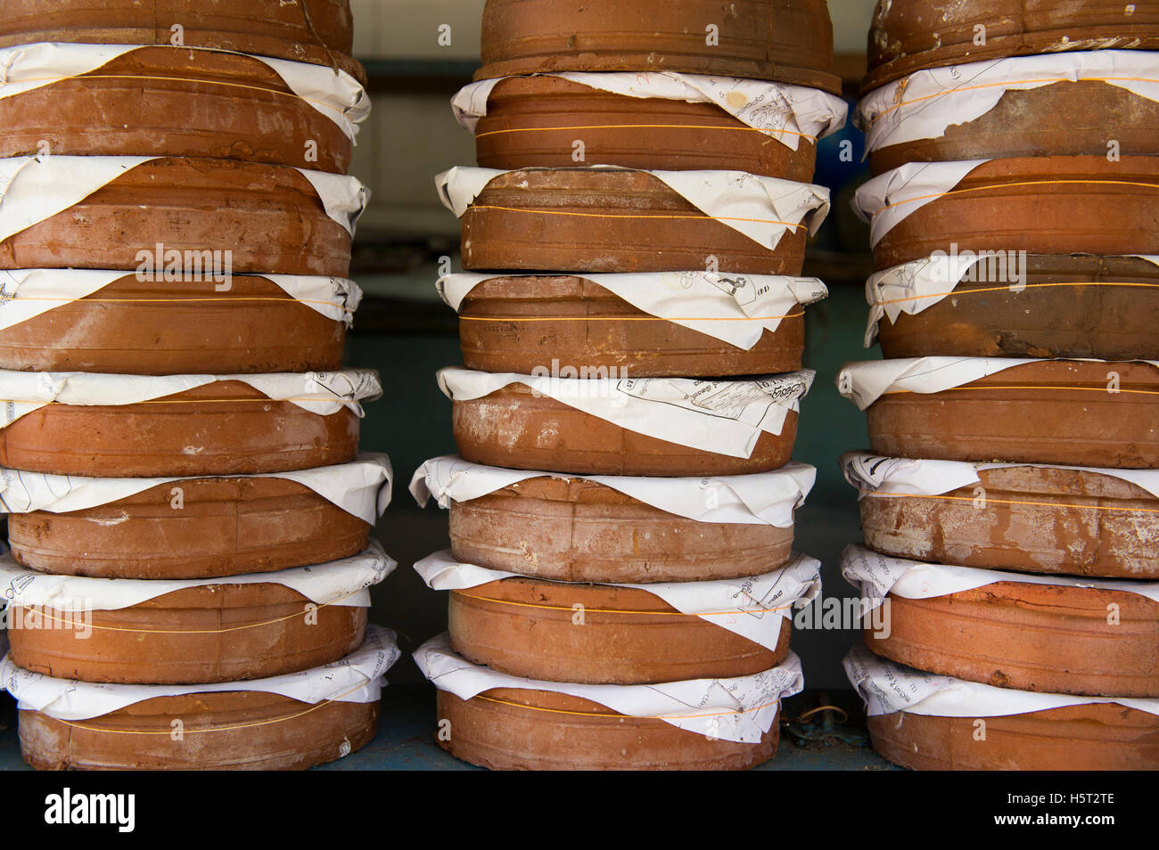 Buffalo curd for sale in clay pots, a local delicacy, Hambantota, Sri