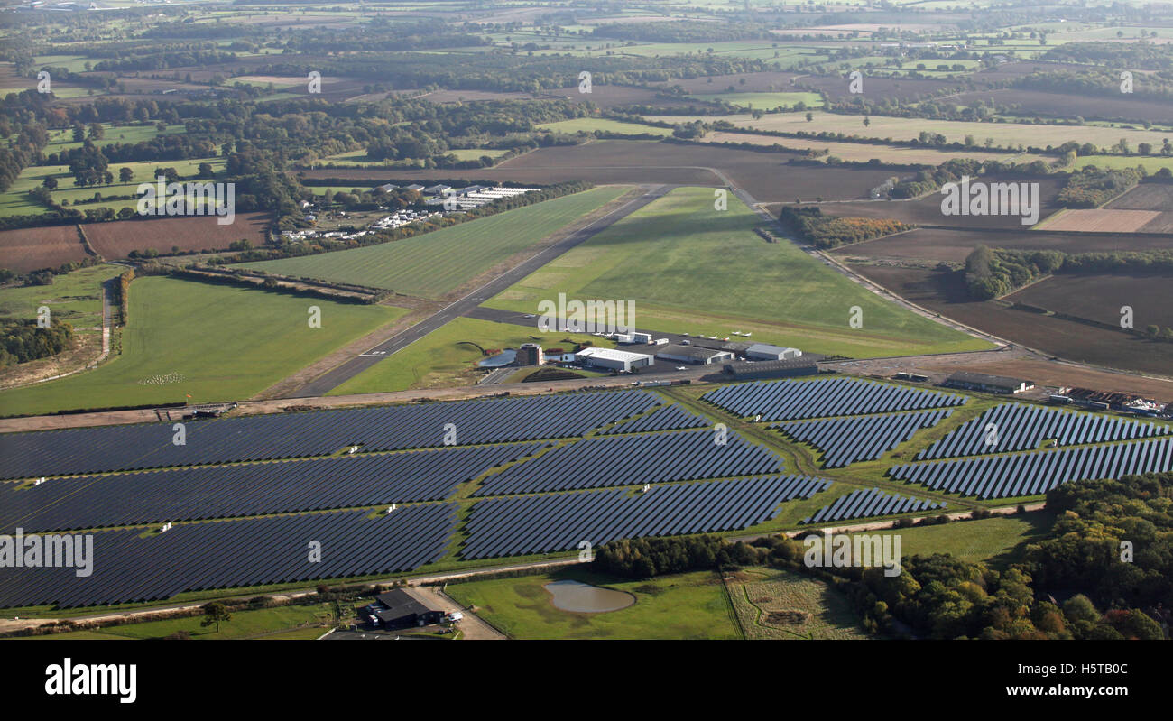 aerial view of Turweston Aerodrome and solar farm, Oxfordshire, UK Stock Photo