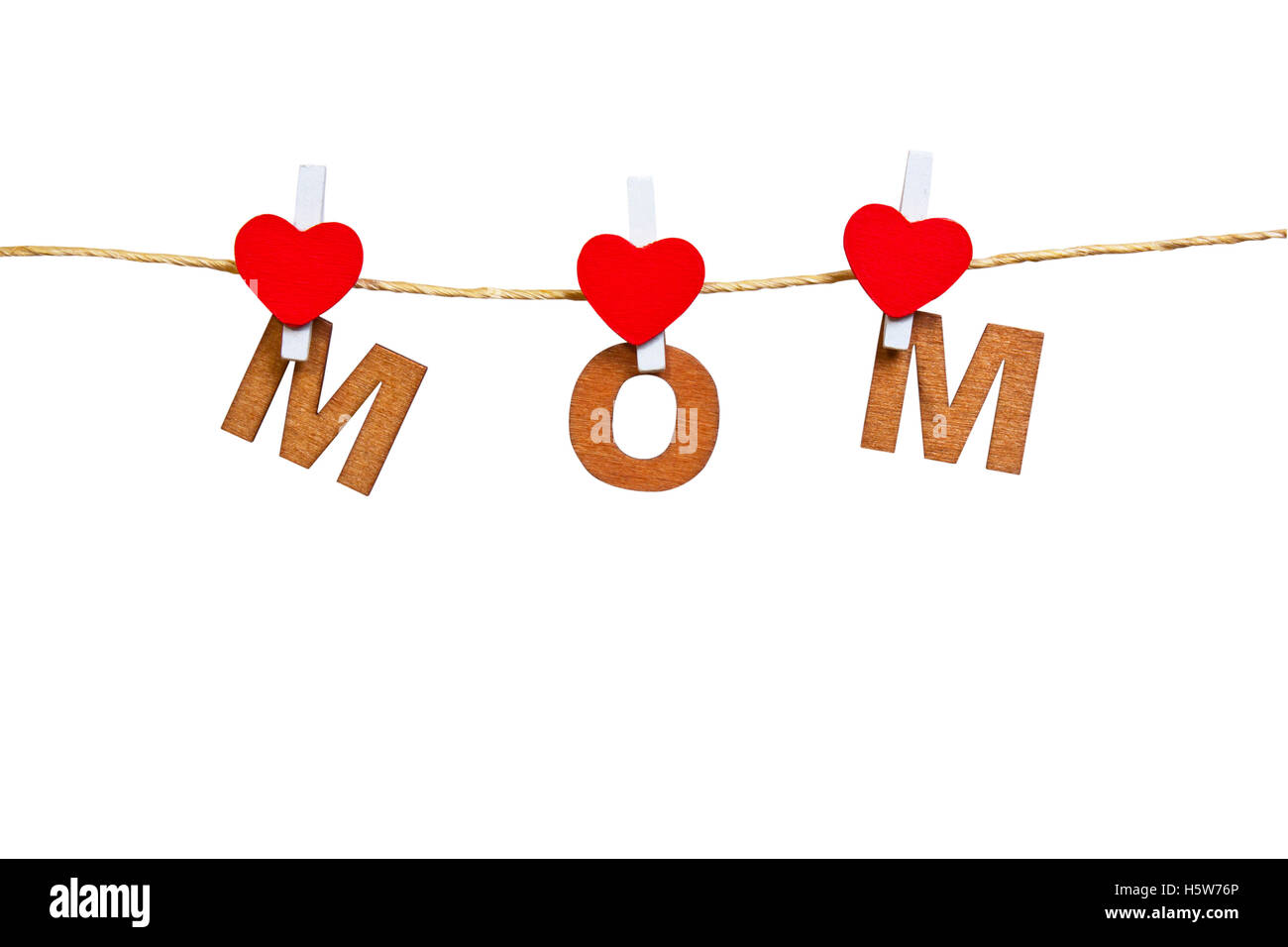 wood letters and heart forming mom on  white  background,isolate Stock Photo