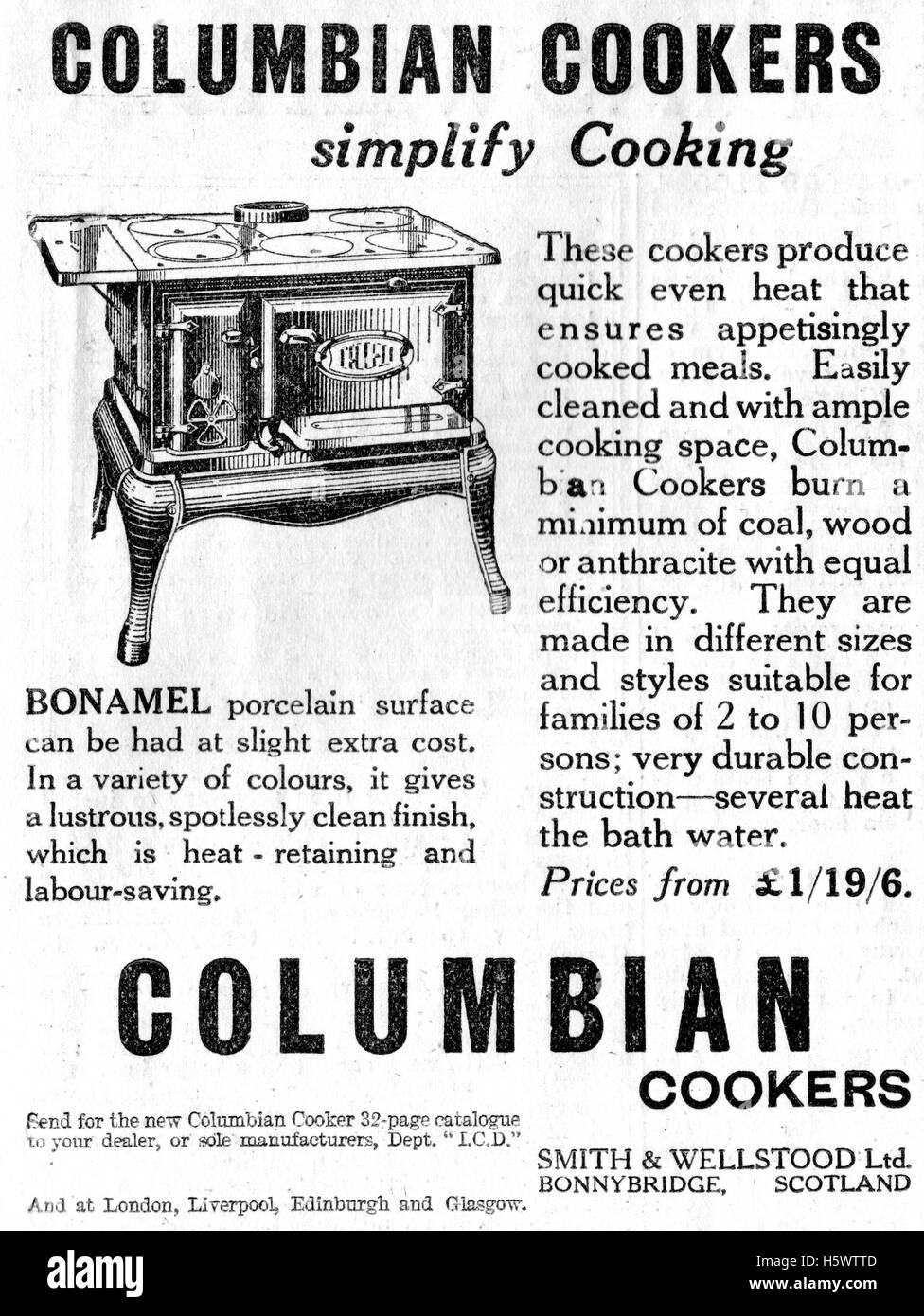 Vintage advertisement for a cast iron Columbian wood fired stove or cooker dated December 20th 1935  in the Illustrated Carpenter and Builder magazine Stock Photo