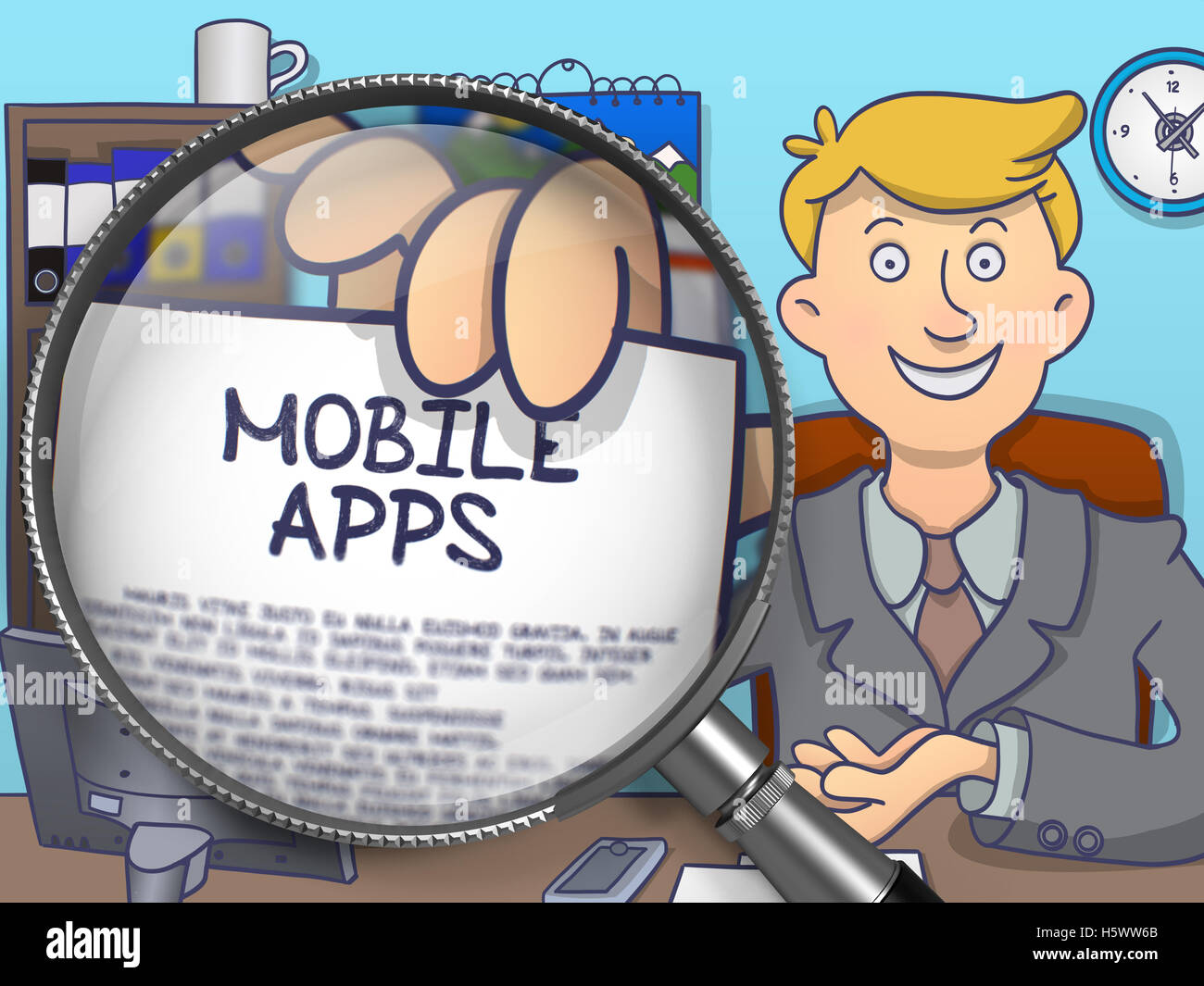 Mobile Apps through Magnifier. Doodle Style Stock Photo Alamy