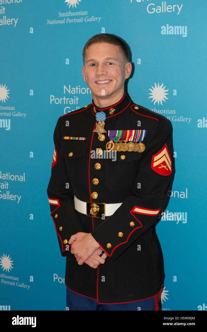 Cpl. Kyle Carpenter on the red carpet at the Smithsonian’s National Portrait Gallery Inaugural American Portrait Gala on November 15th, 2015 in Washington D.C. Stock Photo