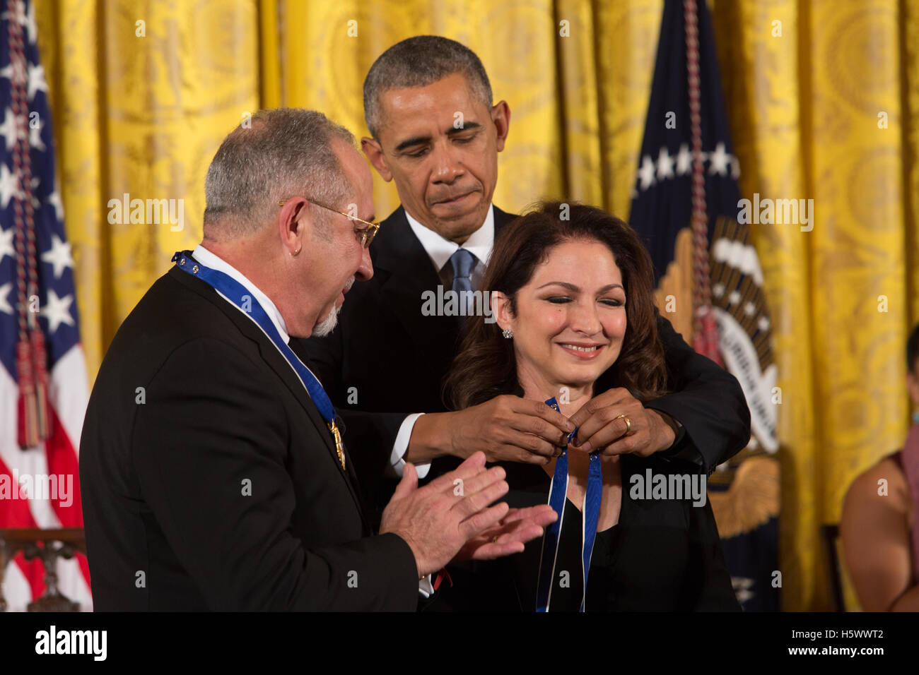 Emilio Estefan and Gloria Estefan receive the Presidential Medal of Freedom Awards from President Obama at the White House in Washinton DC on November 24th, 2015 Stock Photo