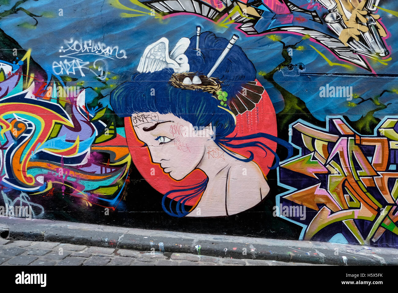Street art mural in Hosier Lane, Melbourne, Australia Stock Photo
