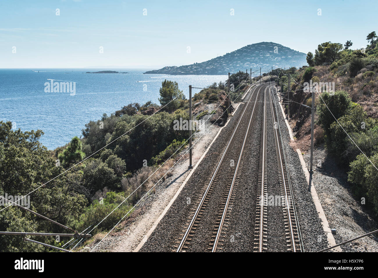 Railway line along the beach. French riviera Stock Photo