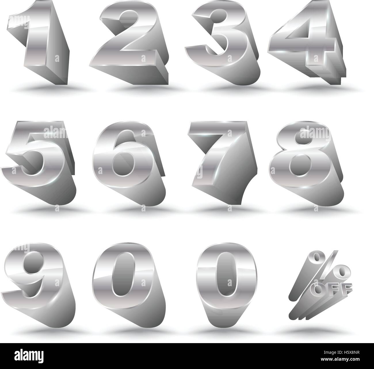 Three-dimensional number set 0-9 with percent off. Vector illustration of 3D font characters. Silver style numbers for promotion Stock Vector