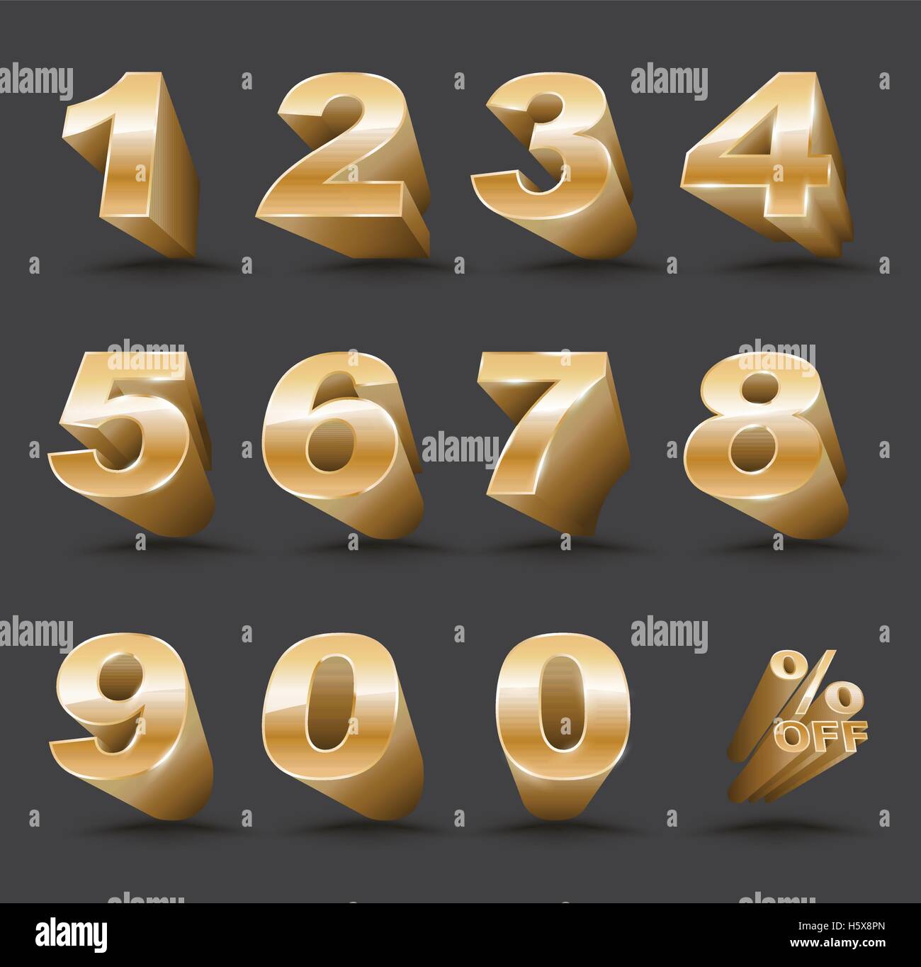 Three-dimensional number set 0-9 with percent off. Vector illustration of 3D font characters. Gold style numbers for promotion Stock Vector