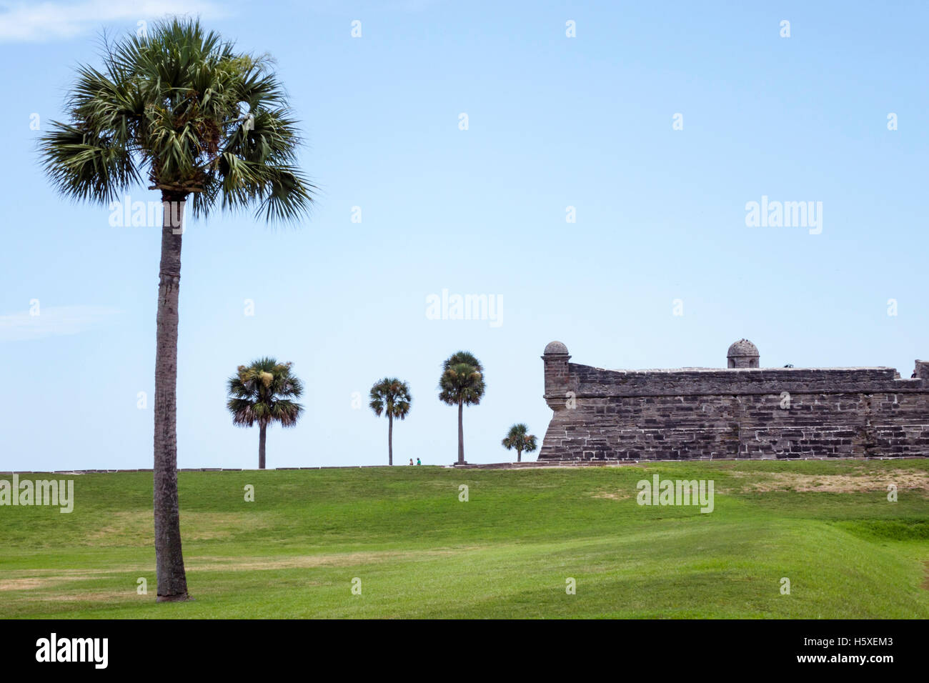 St. Saint Augustine Florida,Castillo de San Marcos National Monument,sentry post,wall,palm trees,historic fort,FL160802028 Stock Photo