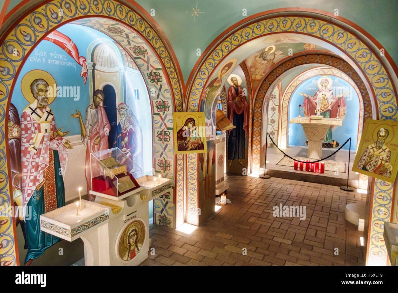St. Saint Augustine Florida,St. Photios Greek Orthodox National Shrine,interior inside,icons,art,arches,religious,FL160802080 Stock Photo