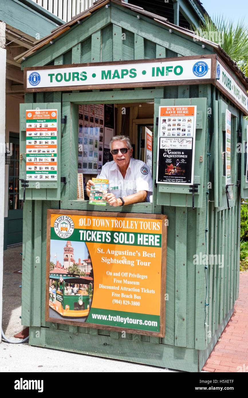 Florida St. Saint Augustine St. George Street,kiosk ticket tickets tours information vendor man selling stall booth, Stock Photo