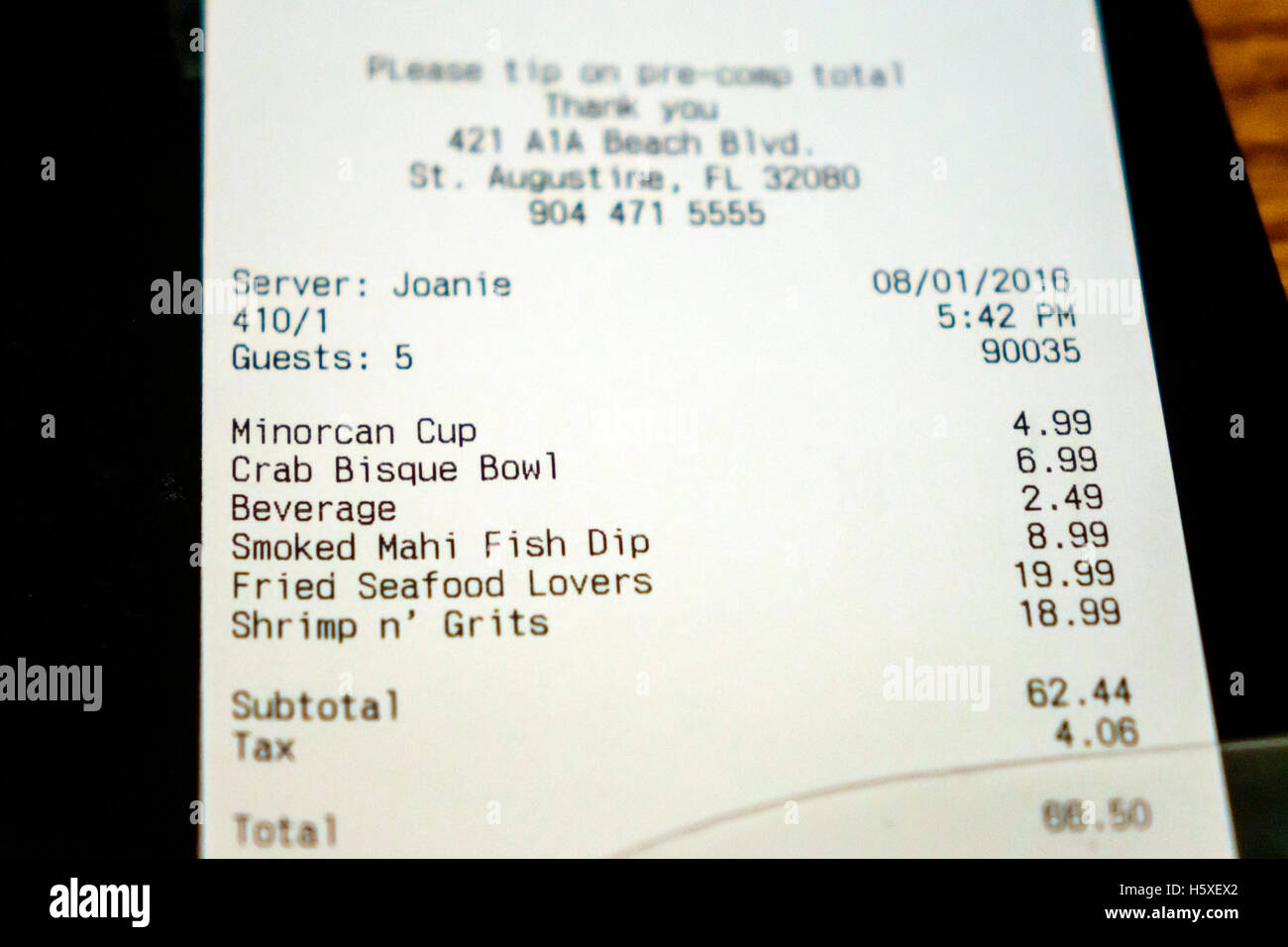 St. Saint Augustine Florida,Sunset Grille,restaurant restaurants food dining eating out cafe cafes bistro,bill,receipt bill,prices,lunch,visitors trav Stock Photo