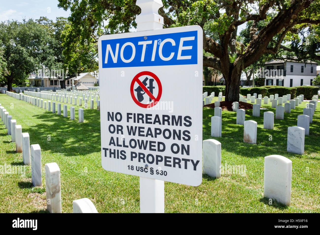 St. Saint Augustine Florida,St Augustine National Cemetery,St. Francis Barracks,war veterans,graves,gravestones,sign,no firearms weapons allowed prope Stock Photo