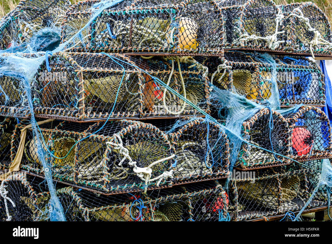 Stack of lobster pot creels on the Isle of Skye Scotland with