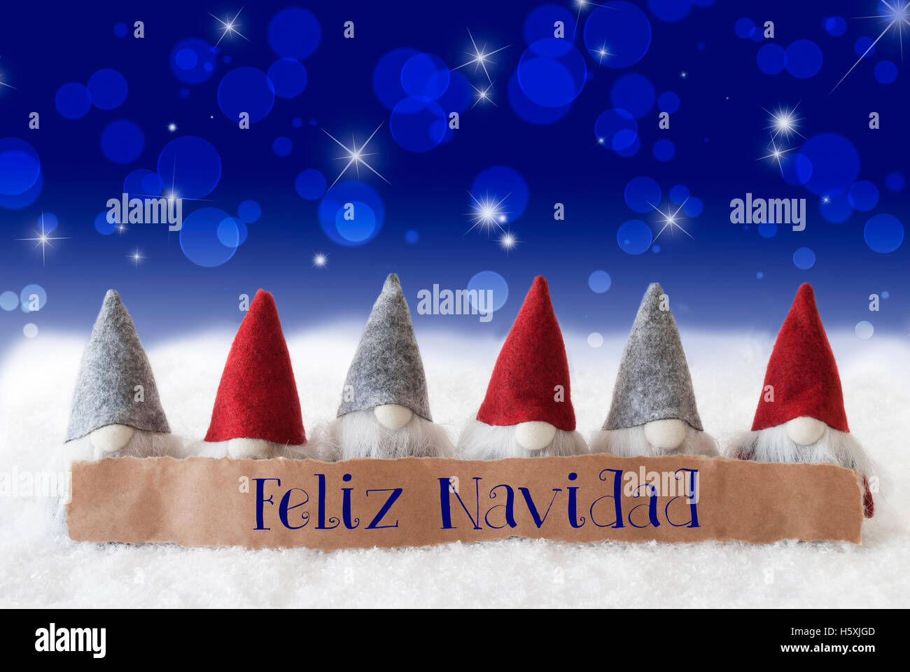 Gnomes, Blue Bokeh, Stars, Feliz Navidad Means Merry Christmas Stock Photo