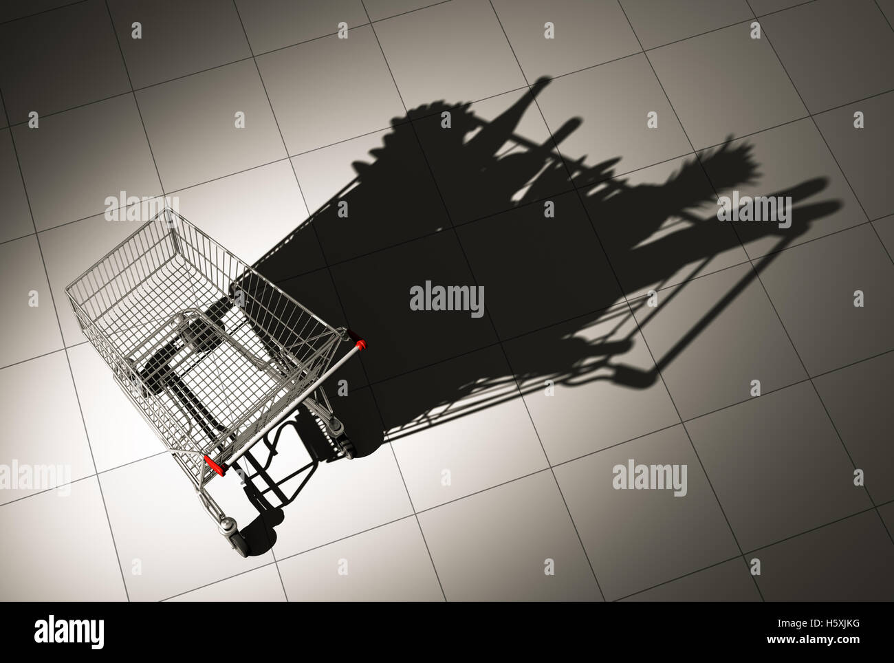 Empty Shopping Cart Cast Shadow On The Floor As Shopping Cart Full Of Food Stock Photo