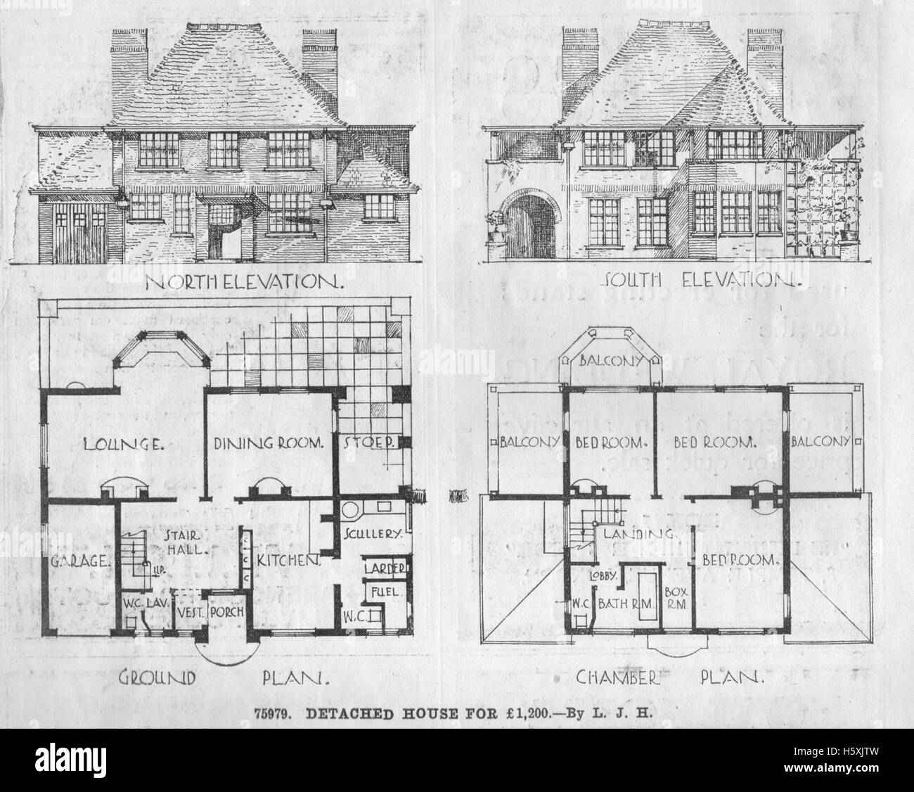Vintage floor plan for a detached house costing £1200 in the Illustrated Carpenter and Builder magazine dated December 20th 1935 Stock Photo