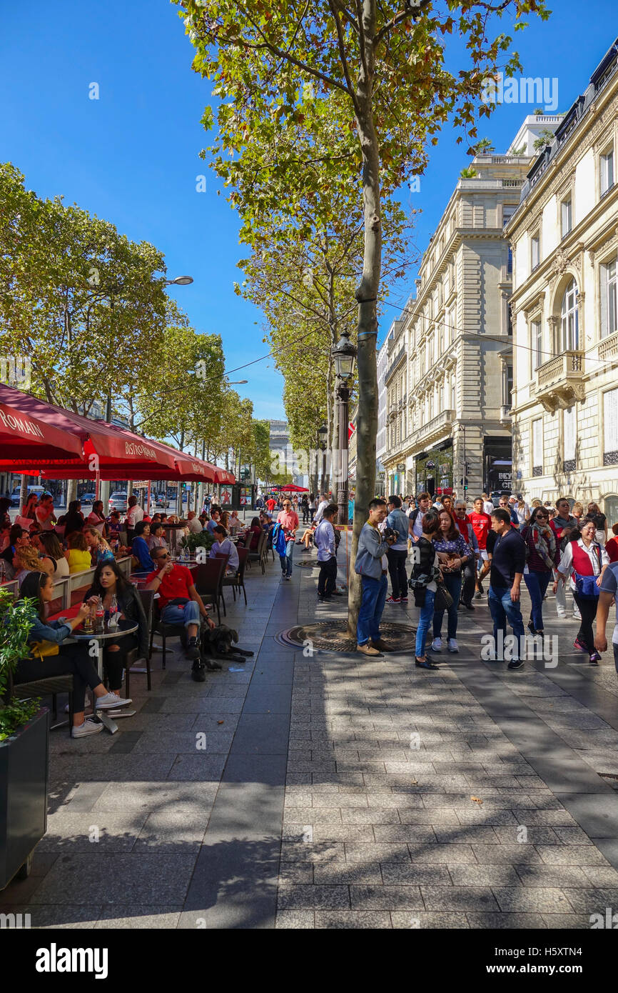 Champs Elysees street view with famous Cafe George V Stock Photo