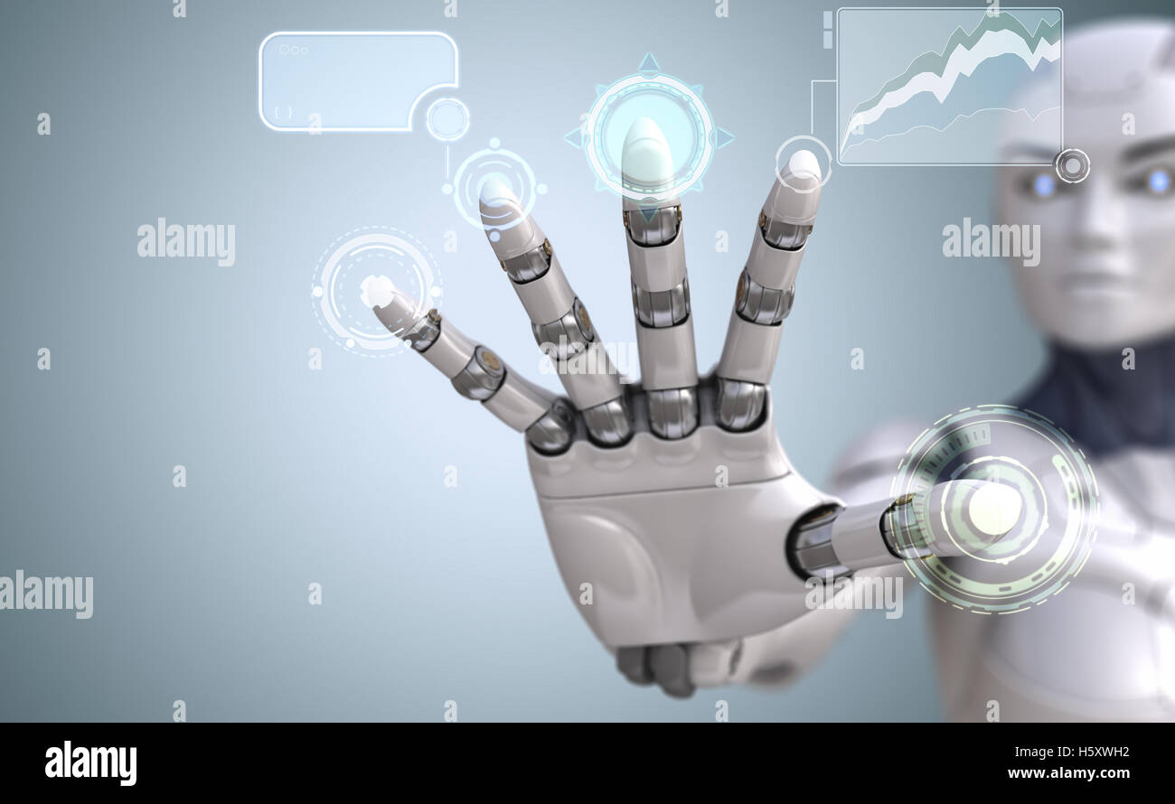 Robot hand touches Sci-Fi interface Stock Photo