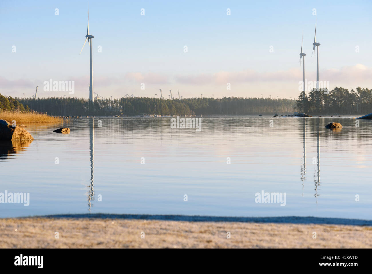 Renewable wind energy generators near port of Kotka, Finland Stock Photo