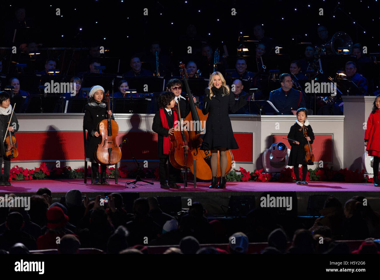 Reese Witherspoon and The Joyous String Ensemble at the 2015; National Christmas Tree Lighting on December 3rd; 2015 in Washington D.C. Stock Photo
