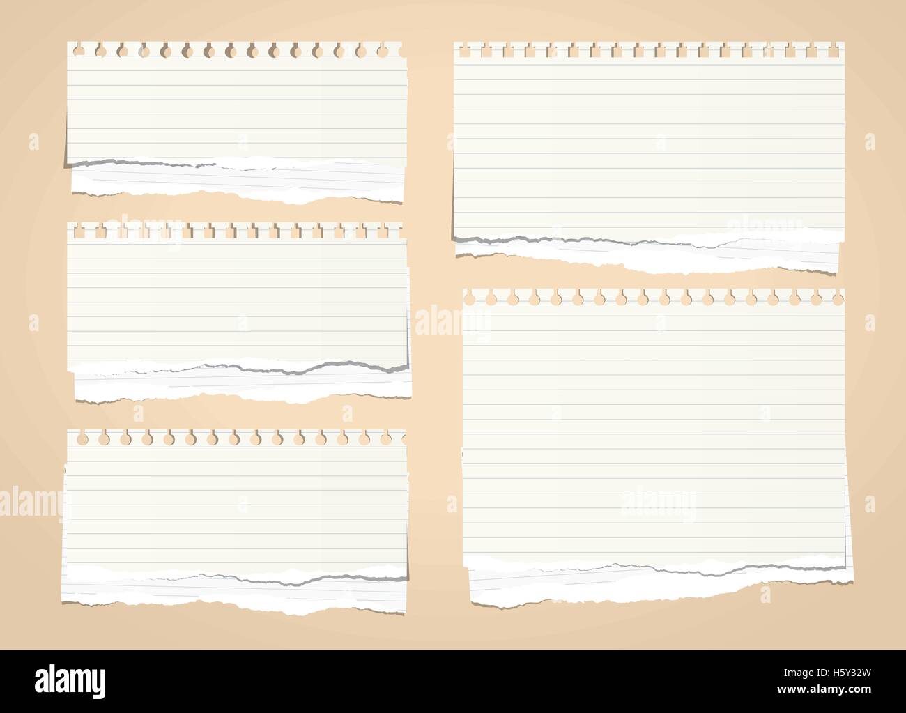 Pieces of grey ruled pile torn notebook paper sheets on brown background Stock Vector