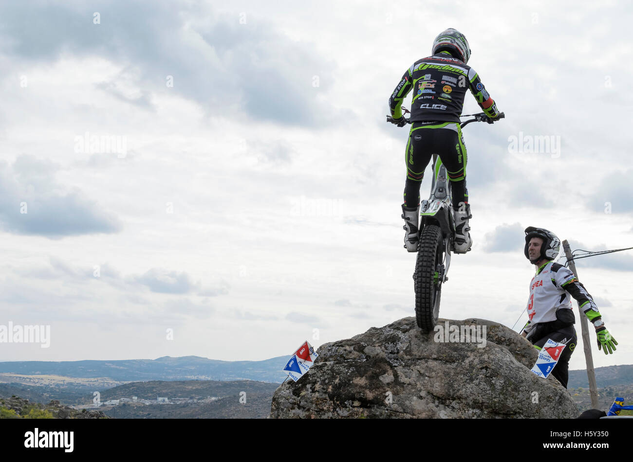 Motorcycling. Trial race. Spain championship. Jeroni Fajardo ready to overtake an obstacle, of granite rocks, in Valdemanco Stock Photo