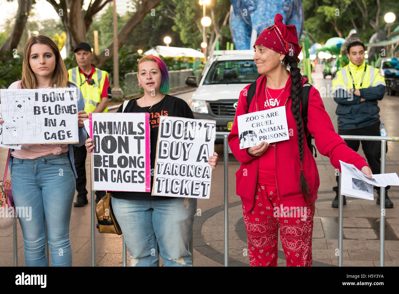Sydney, Australia - 15th October 2016: A group of animal rights protesters held signs at Hyde Park North protesting against the caging of animals and the operation of zoos. This protest was held ahead of the Taronga Zoo 100th Birthday Parade which marched from Hyde Park to the Sydney Opera House. © mjmediabox/Alamy Live News Stock Photo