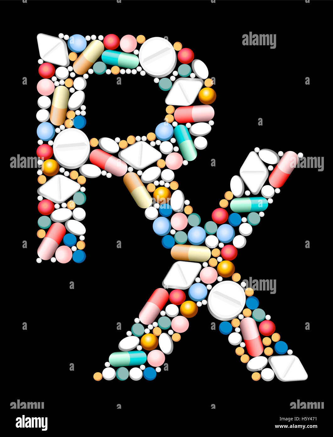 RX - symbol for medical prescription - composed of pills and capsules. Stock Photo