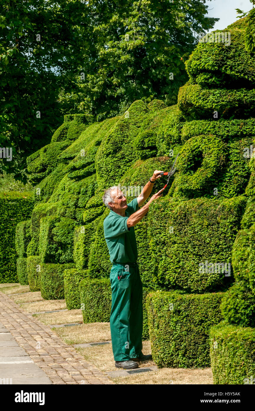 Head Gardener Chris Riley trims The Queen's Beasts, a topiary display of bushes at Hall Place in Bexley Stock Photo