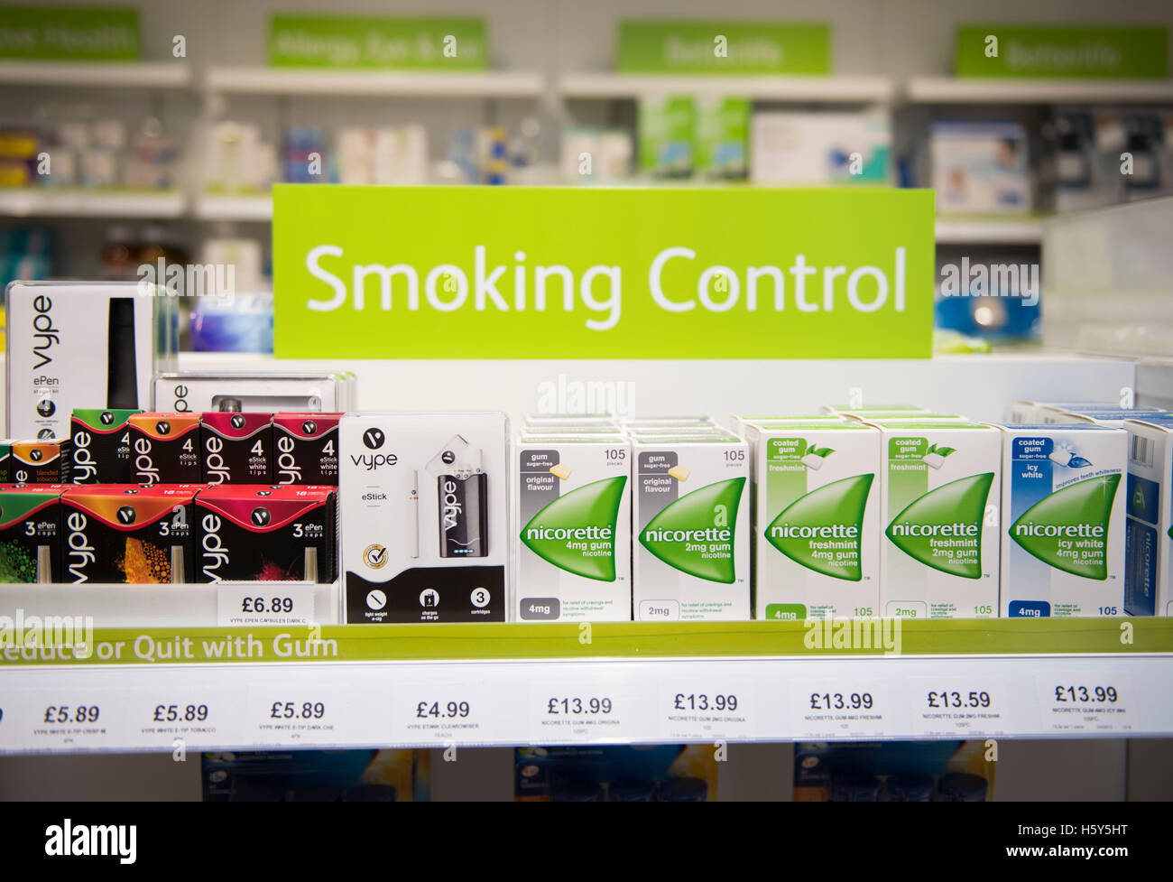 Nicorette quit smoking product patches and gum on sale on a shelf in a