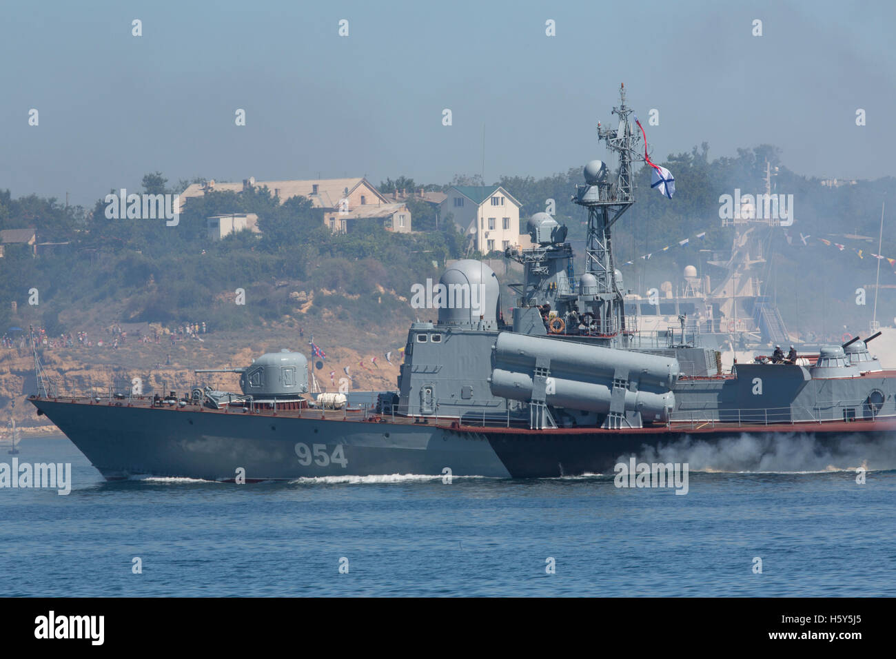 Missile boat 'Ivanovets' of Russian Black Sea Fleet patrols Sevastopol Bay in the Crimea Republic Stock Photo