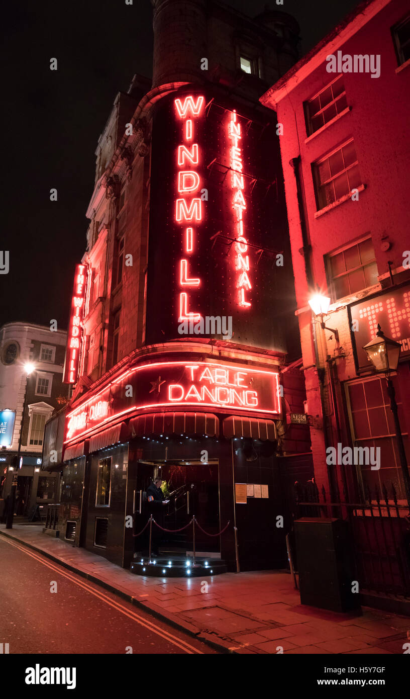 Famous Windmill Table Dance Bar at London West End - Soho LONDON, ENGLAND - FEBRUARY 22, 2016 Stock Photo