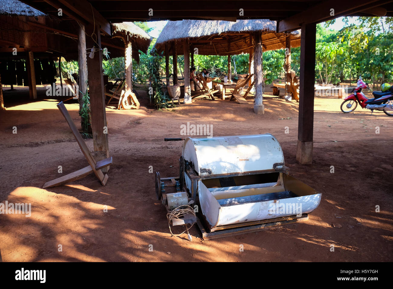 The coffee roasting machine used by Mr. Vieng at his coffee smallholding on the Bolaven Plateau
