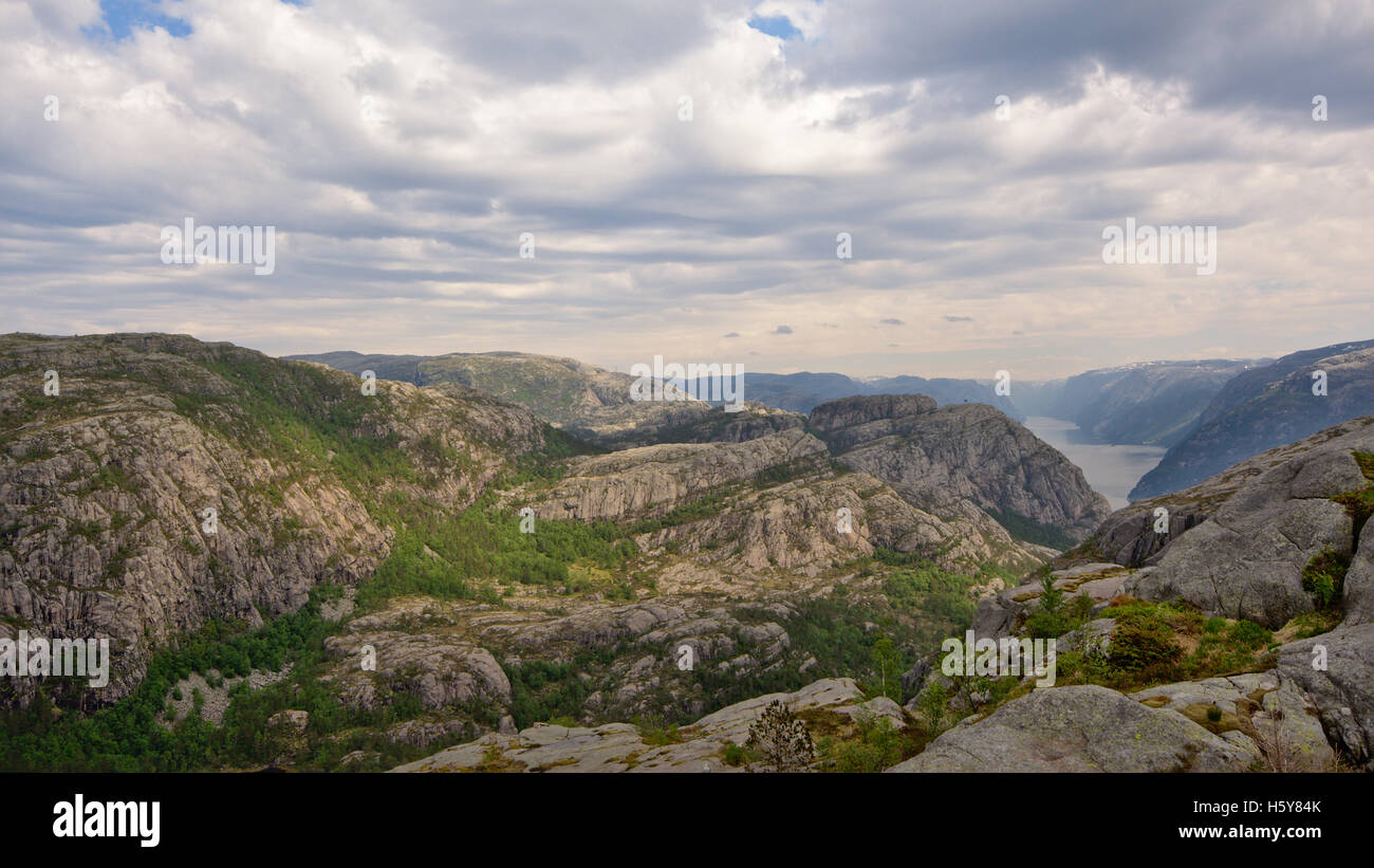 Mountains surrounding lysefjorden in Rogaland county, Norway Stock Photo