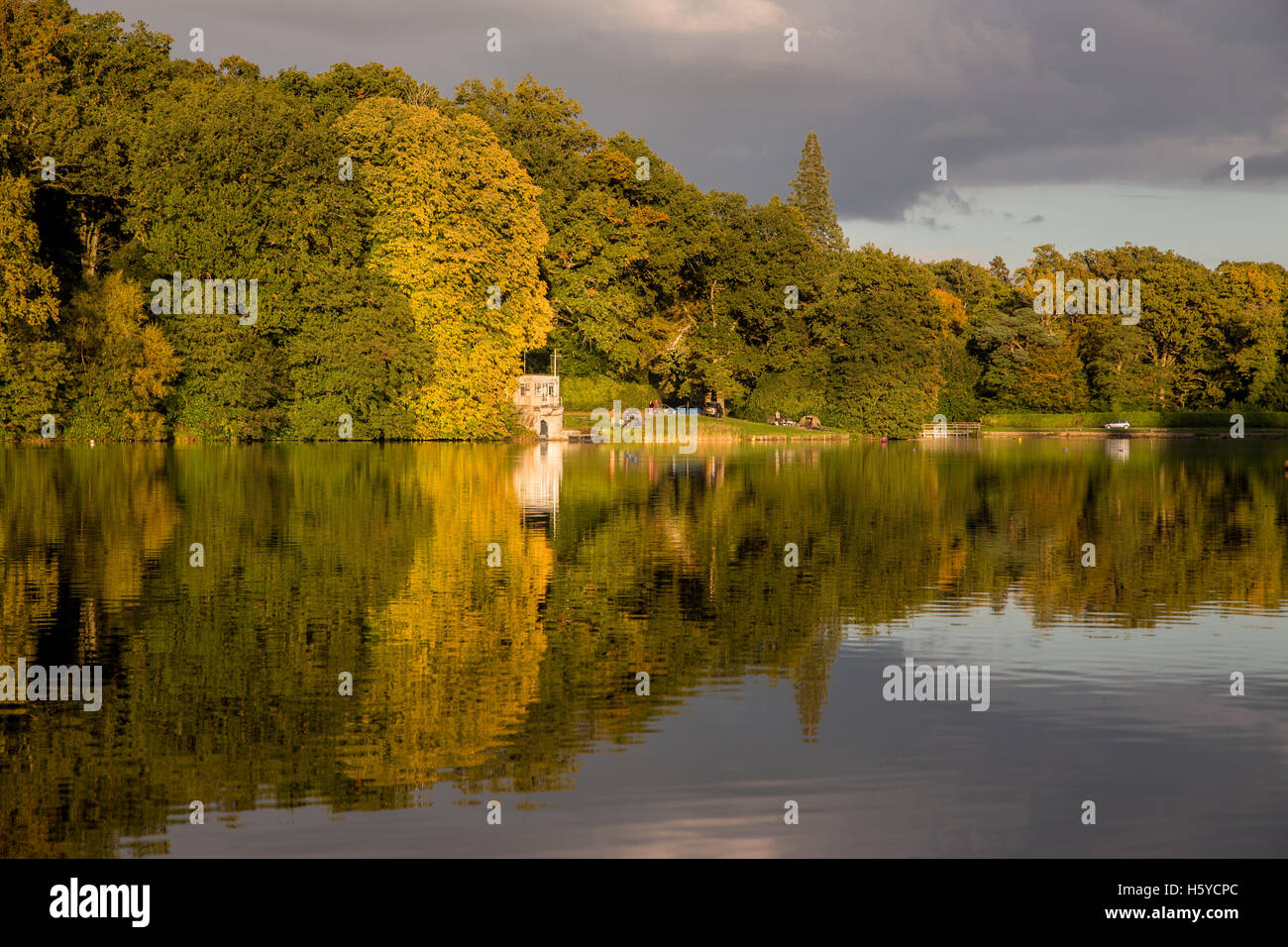 Shearwater Lake, Wiltshire, UK. 21st Oct, 2016. Shearwater, Longleat Estate. A glorious end to the day on this popular fishing and boating lake saw the setting sun illuminate the bank of trees surrounding the waterside. The Autumn is now in full swing as the deciduous trees reveal the deep hues of orange, red and yellows in the foliage. Credit:  Wayne Farrell/Alamy Live News Stock Photo