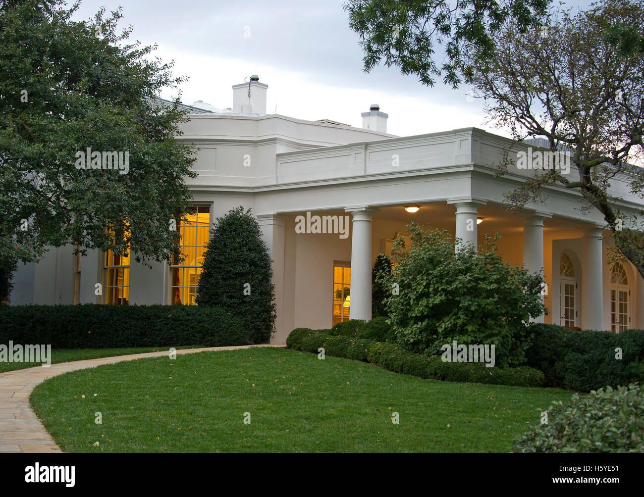 Exterior view of the Oval Office from the South Lawn of the White House