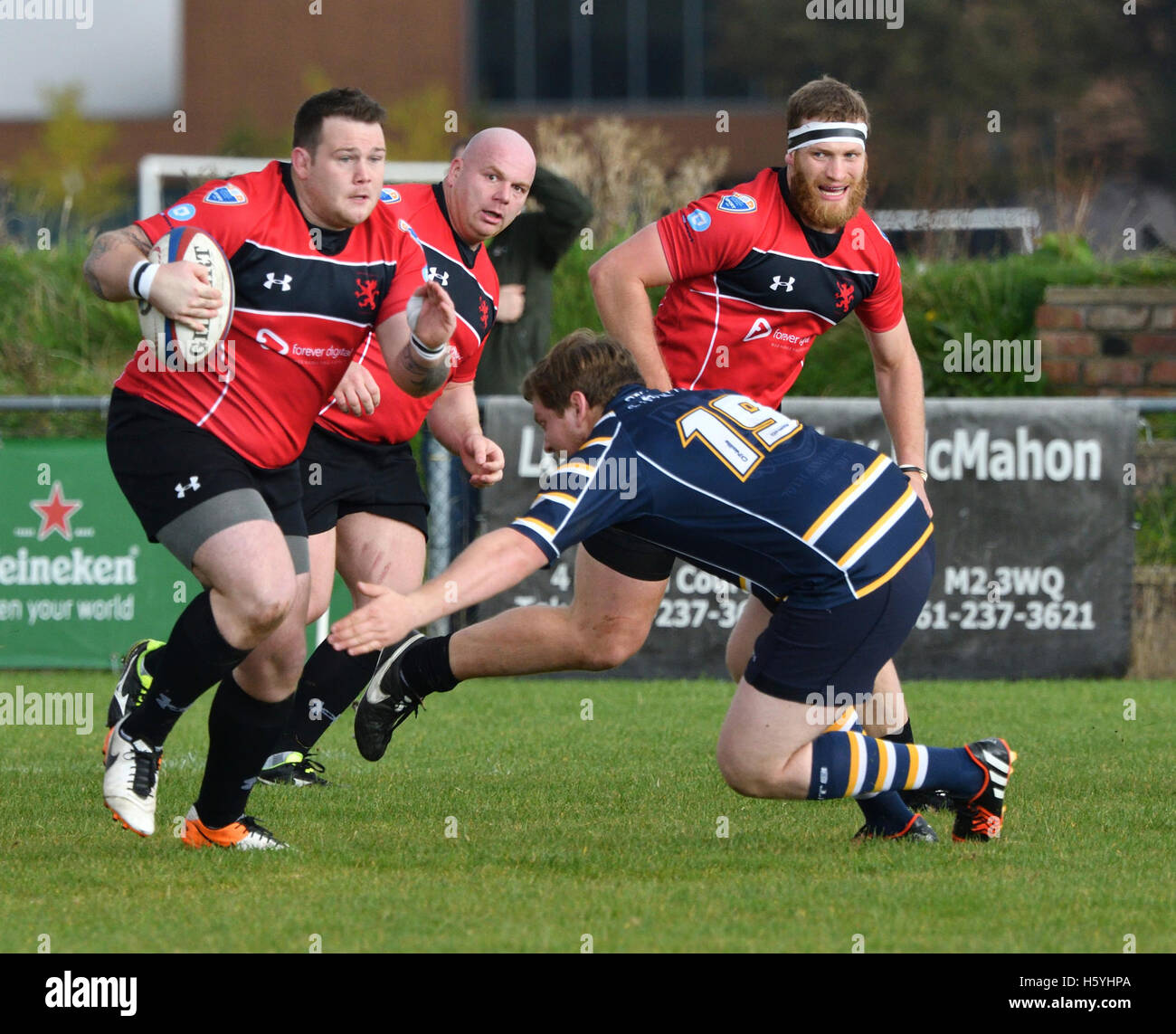 Manchester  UK  22nd October 2016  Action from the South Lancs/Cheshire Division 1 match between Broughton Park, in red, and Anselmians, in hoops. Broughton Park win 59-12 to move to fourth in the table. Stock Photo