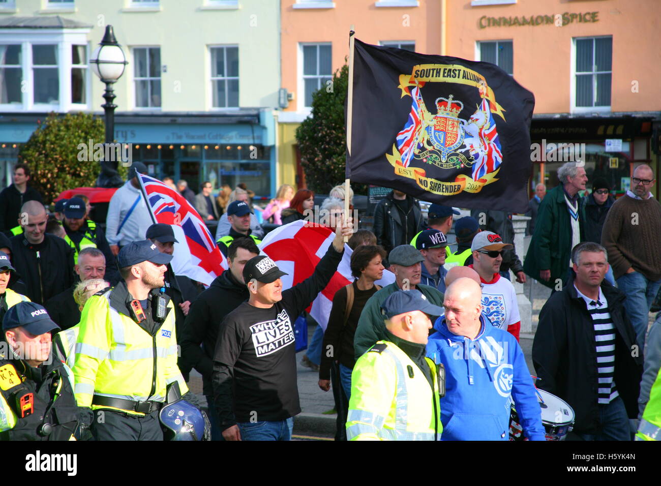 Margate, Kent, UK. 22nd October, 2016. A man with White Lives Matter shirt. The right wing group White Lives Matter (WLM) march in the town. This is the first WLM demonstration in the UK. A counter demonstration, Margate Rocks Against Racism (MRAR) is taking place in the town at the same time. Penelope Barritt/Alamy Live News Stock Photo