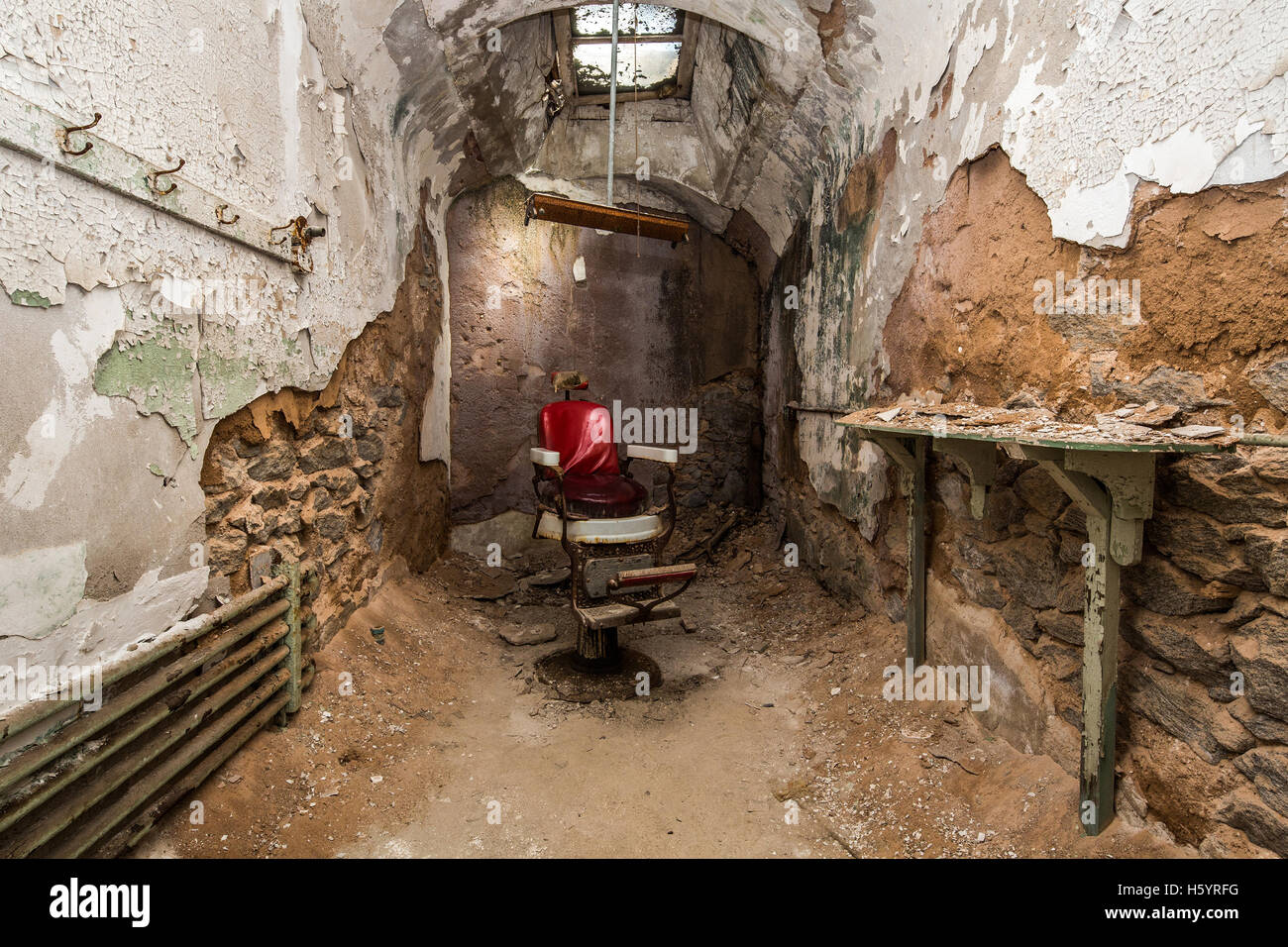 Barber Chair in a Cell in Eastern State Penitentiary in Philadelphia. Stock Photo