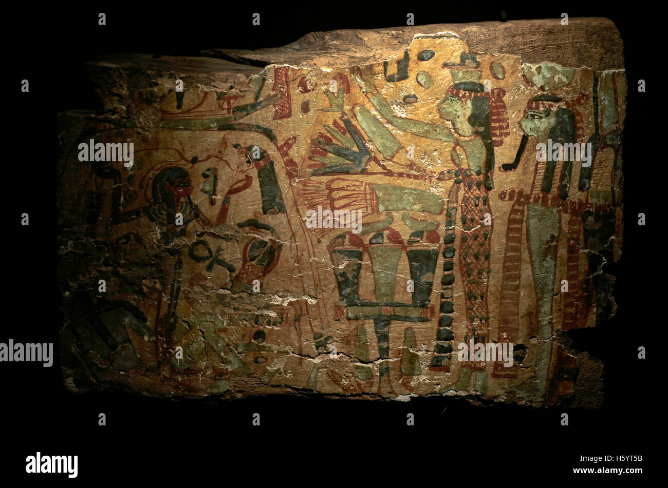 The creation by the Egyptians. Fragment of coffin painted in different colors. Type Deir el-Bahari. The sky Goddess Nut leans over the earth Geb. Between them, their father Shu keeps separated. The Sun God travels by boat above the back of Nut. 21st-22th Dynasties (1081-725 BC). Third Intermediate Period. Wood. Museum of Mediterranean and Near Eastern Antiquities. Stockholm. Sweden. Stock Photo