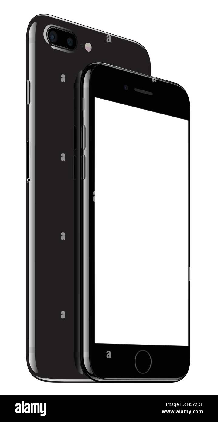 Vector illustration of Jet Black iPhone 7 Plus and iPhone 7 on white background. Devices displaying blank screen. Stock Vector