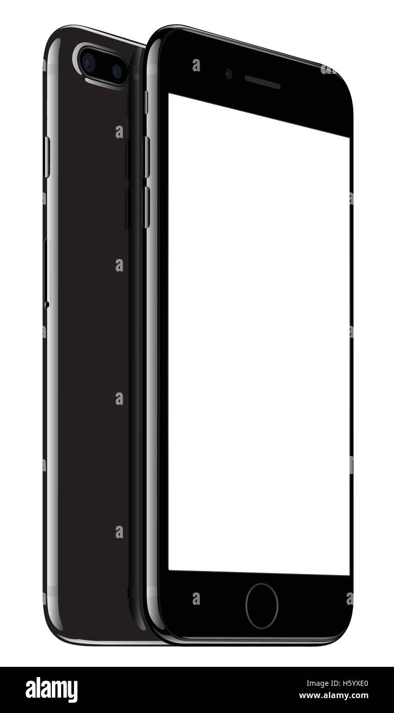 Vector illustration of Jet Black iPhone 7 Plus on white background. Devices displaying blank screen. Stock Vector