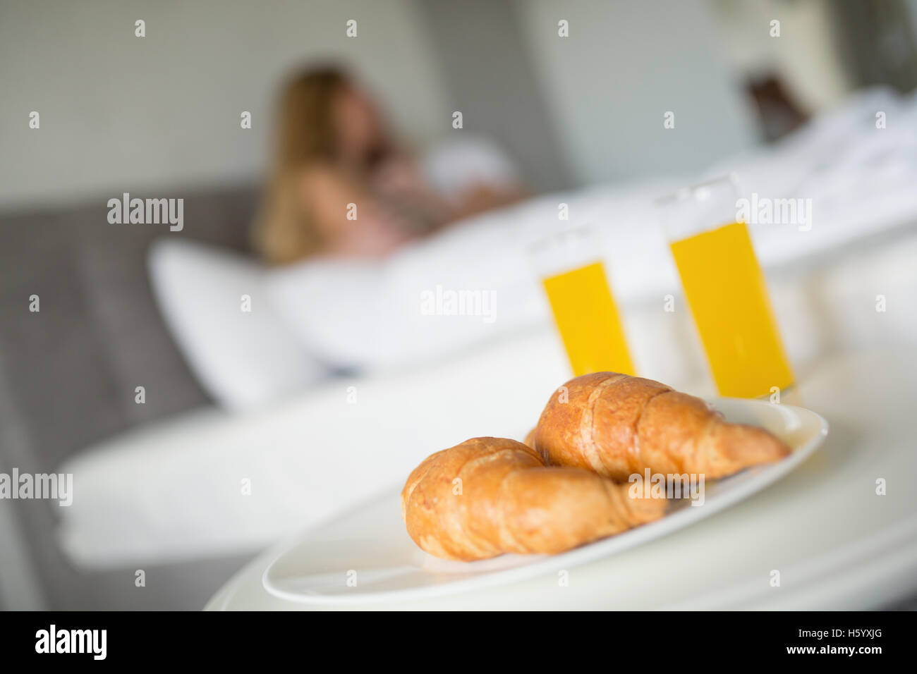 Breakfast served next to bed in morning Stock Photo