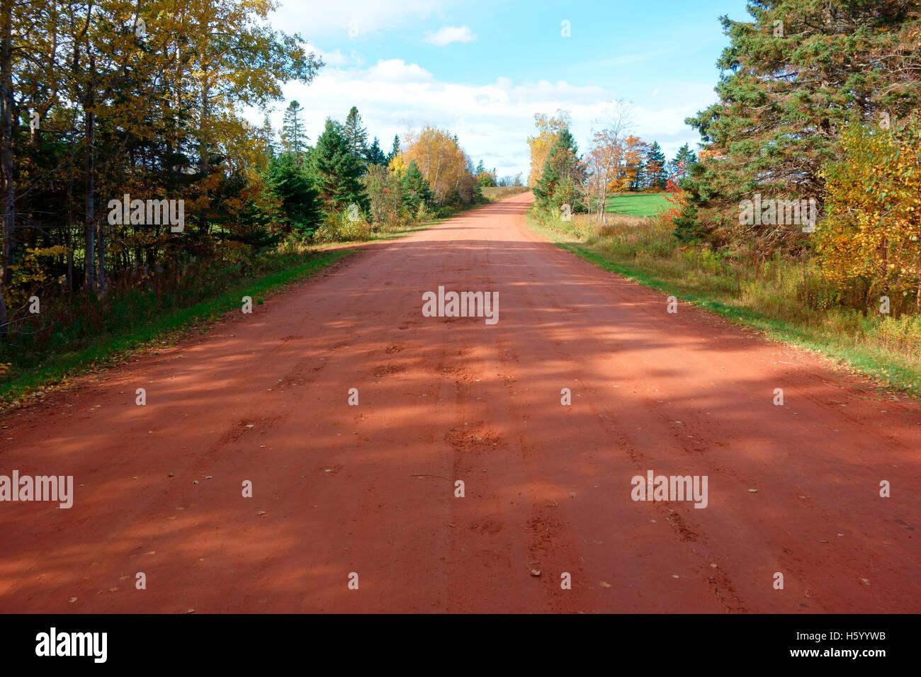 Red clay road in Prince Edward island, canada Stock Photo